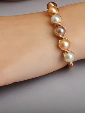Handmade Wire-Wrapped Freshwater Pearl Open Cuff Bangle Bracelet